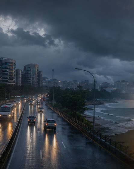Rainy city drive beside the sea