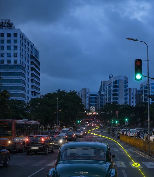 City drive at dusk with a route line