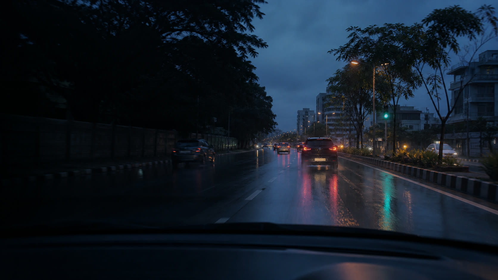 A calm monsoon drive through an Indian city at blue hour
